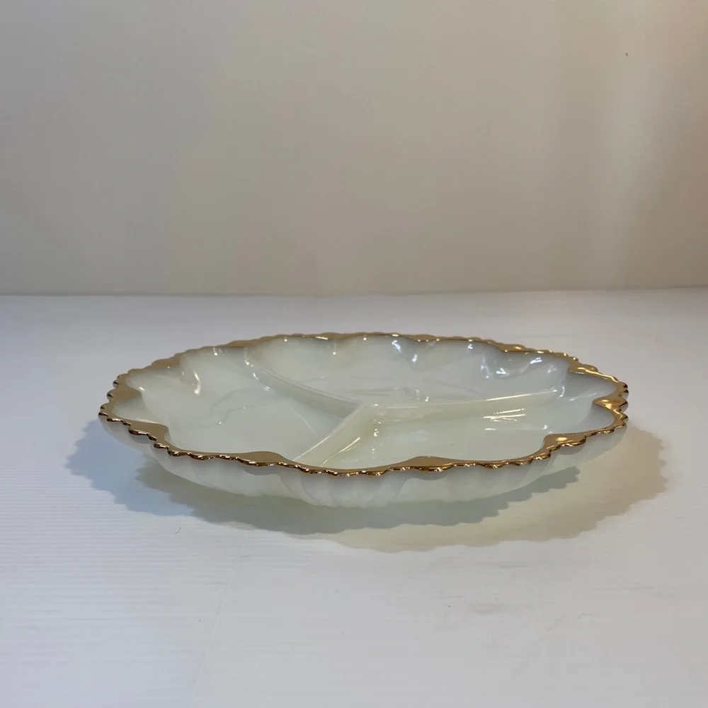 Vintage Antique Divided Serving Dish Holiday Depression Milk Glass White Gold